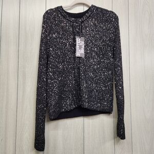 Womens new medium Black Sweater cardigan 5 button silver sequin
